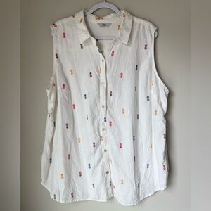 Croft & Barrow Pineapple print Women's White Linen Blend Button Down Shirt 3X